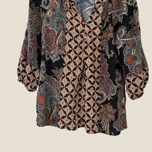 Fig & Flower Boho Pattern 3/4 Sleeve Quarter Button Puffed Sleeve Blouse Size L - Picture 4 of 10